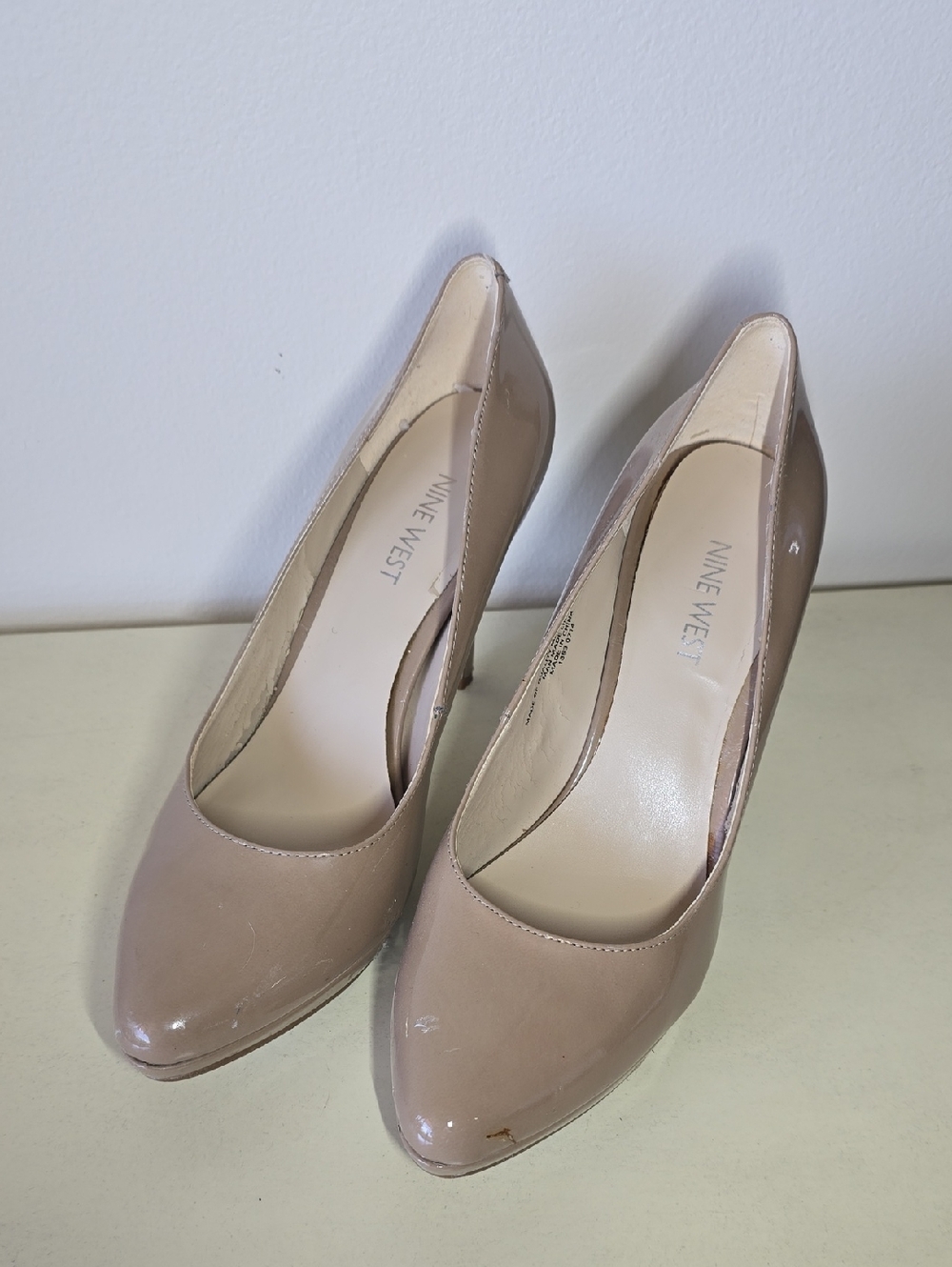 Nine West Patent Nude-Taupe Pointed Toe Pumps
